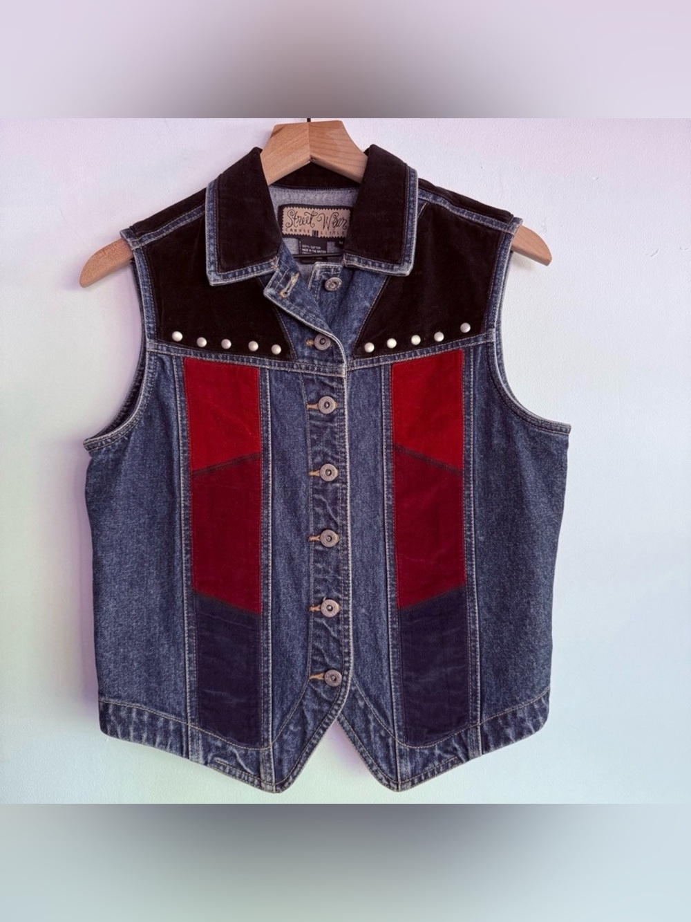 Vintage 70s Carole Little Street Wear Denim Vest Patchwork Western Boho Hippie M